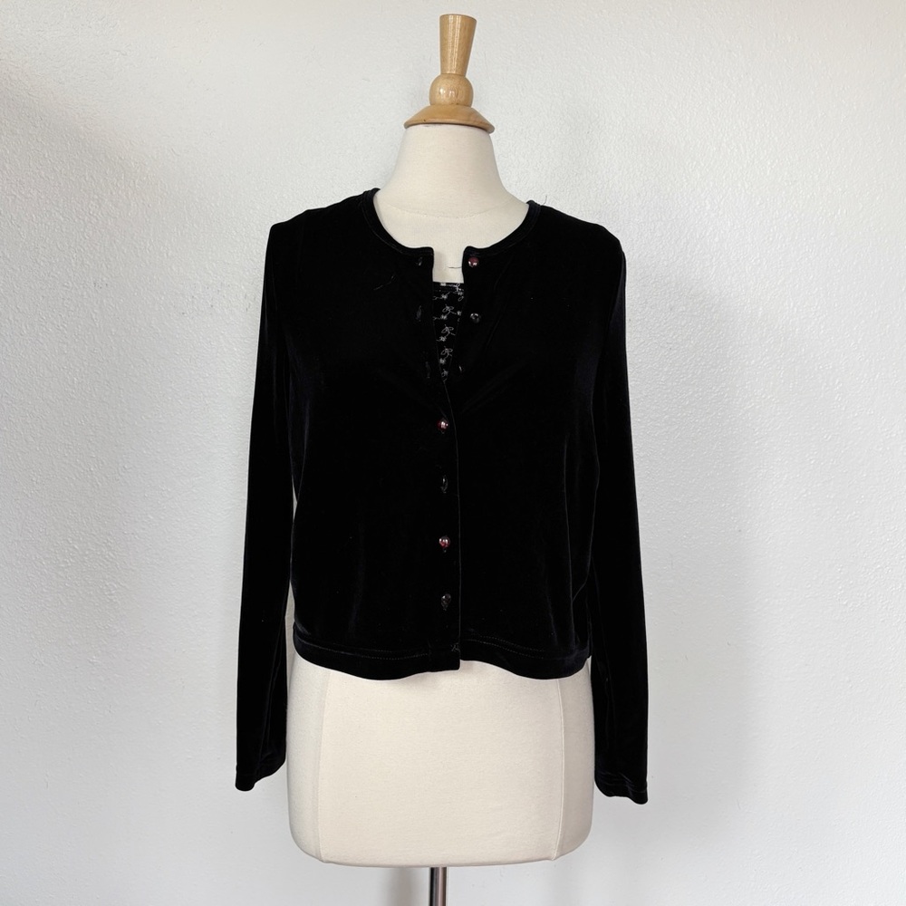 Vintage 90s Goth Floral Embroidered Black Mock Velvet Cardigan